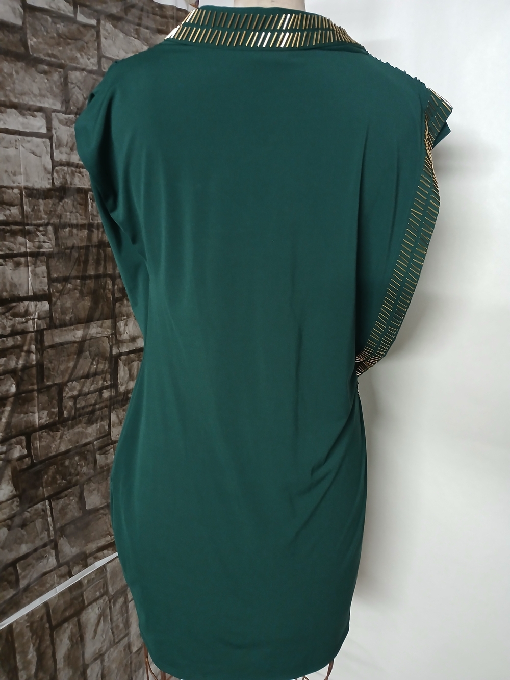 Moda International Emerald Green Cowl Neck Mini Dress with Gold Accents - Picture 5 of 9